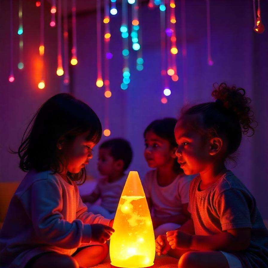 Enfants explorant une lampe sensorielle dans une salle immersive aux lumières colorées Quatre jeunes enfants découvrent une ambiance sensorielle apaisante autour d'une lampe sensorielle lumineuse, dans une salle décorée de guirlandes LED multicolores suspendues. Une expérience sensorielle idéale pour l'éveil, la relaxation et la stimulation des sens chez les tout-petits.