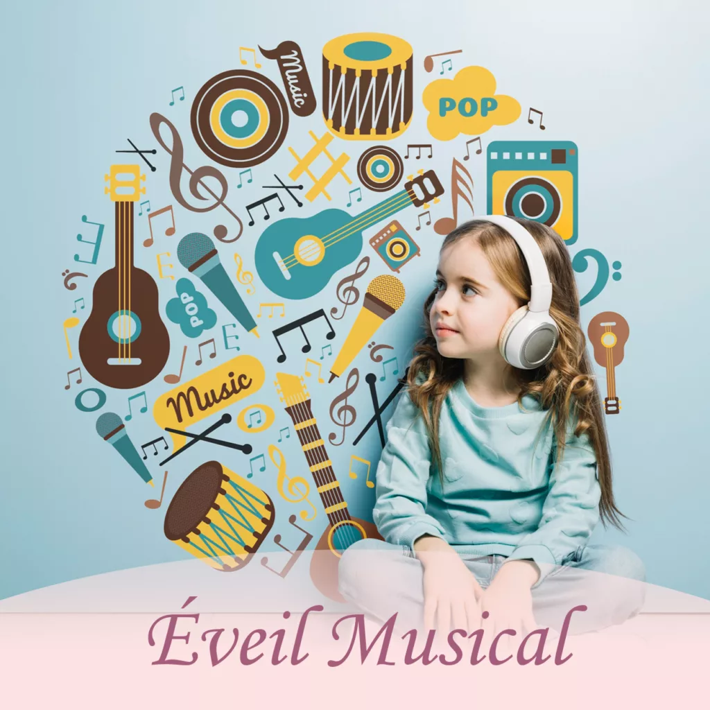 Petite fille écoutant de la musique avec un casque devant une fresque colorée d'instruments de musique